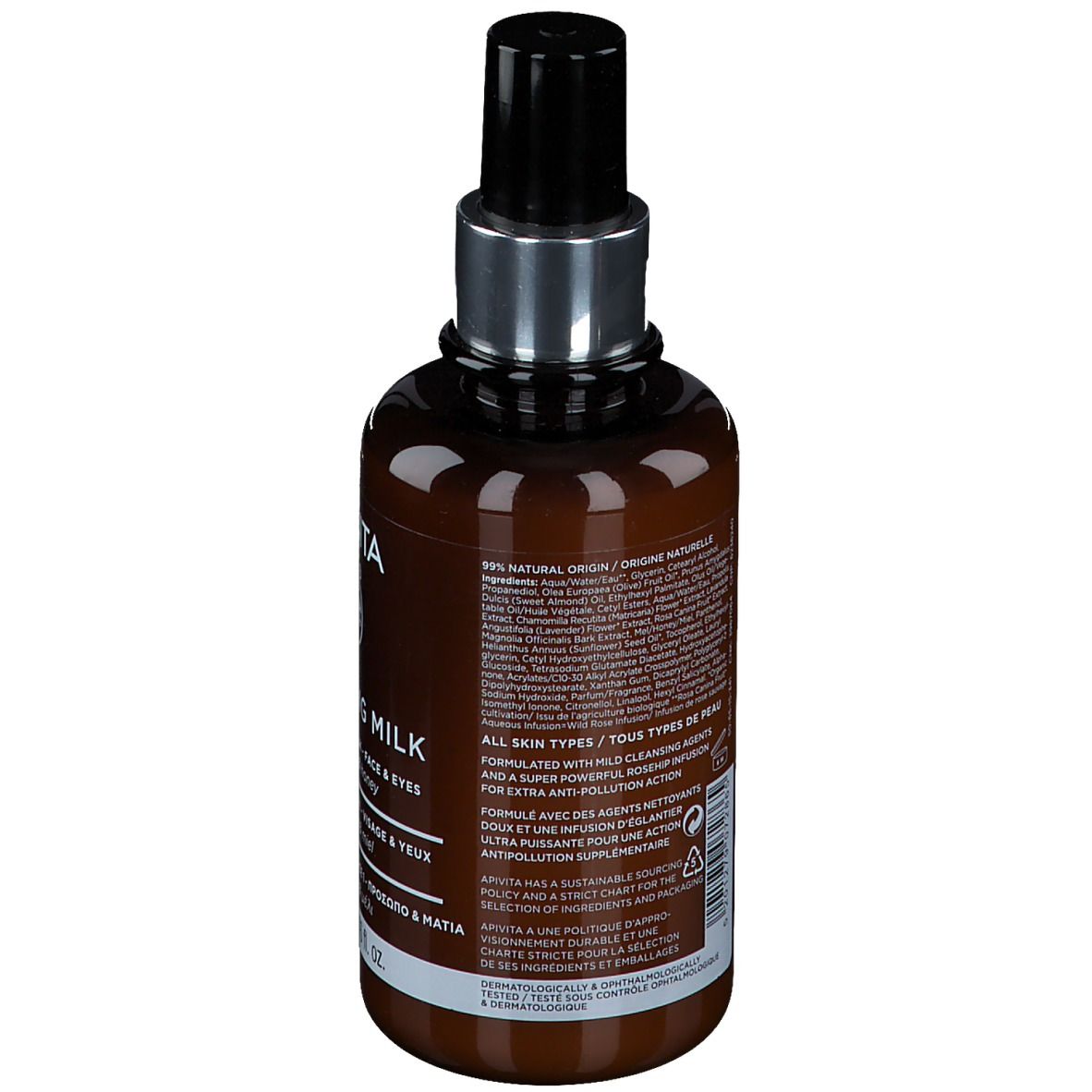 Dos du flacon marron avec texte. Inscription : APIVITA CLEANSING MILK. Pour tous types de peau.