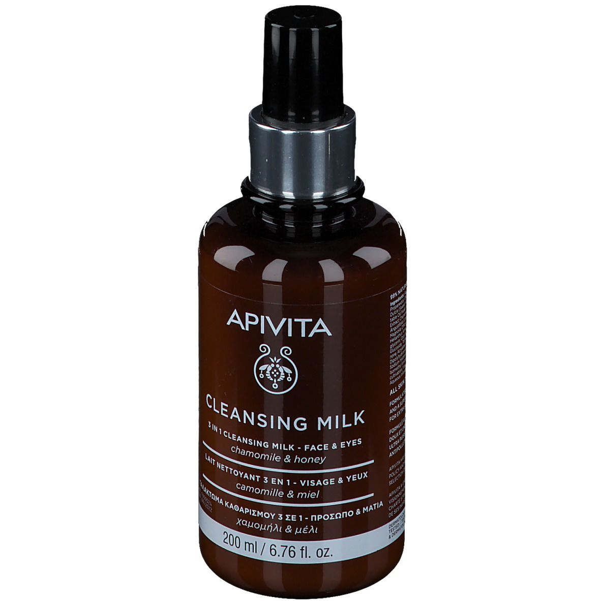 Flacon marron avec pompe noire. Inscription : APIVITA CLEANSING MILK. 200 ml.