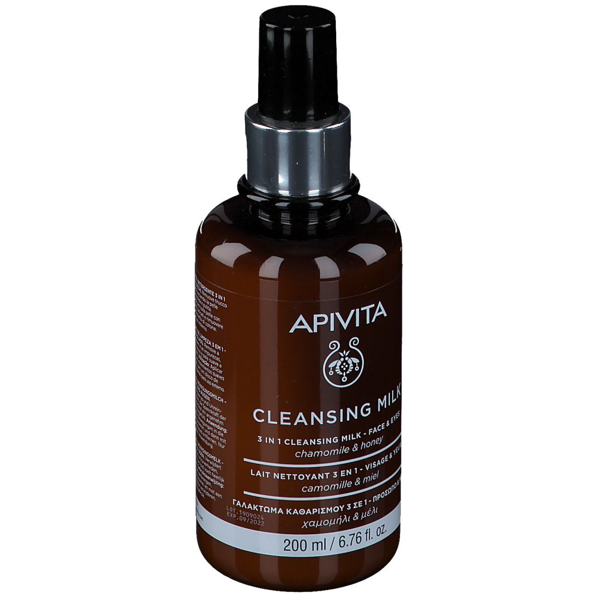 Flacon marron avec pompe noire. Inscription : APIVITA CLEANSING MILK. 200 ml.