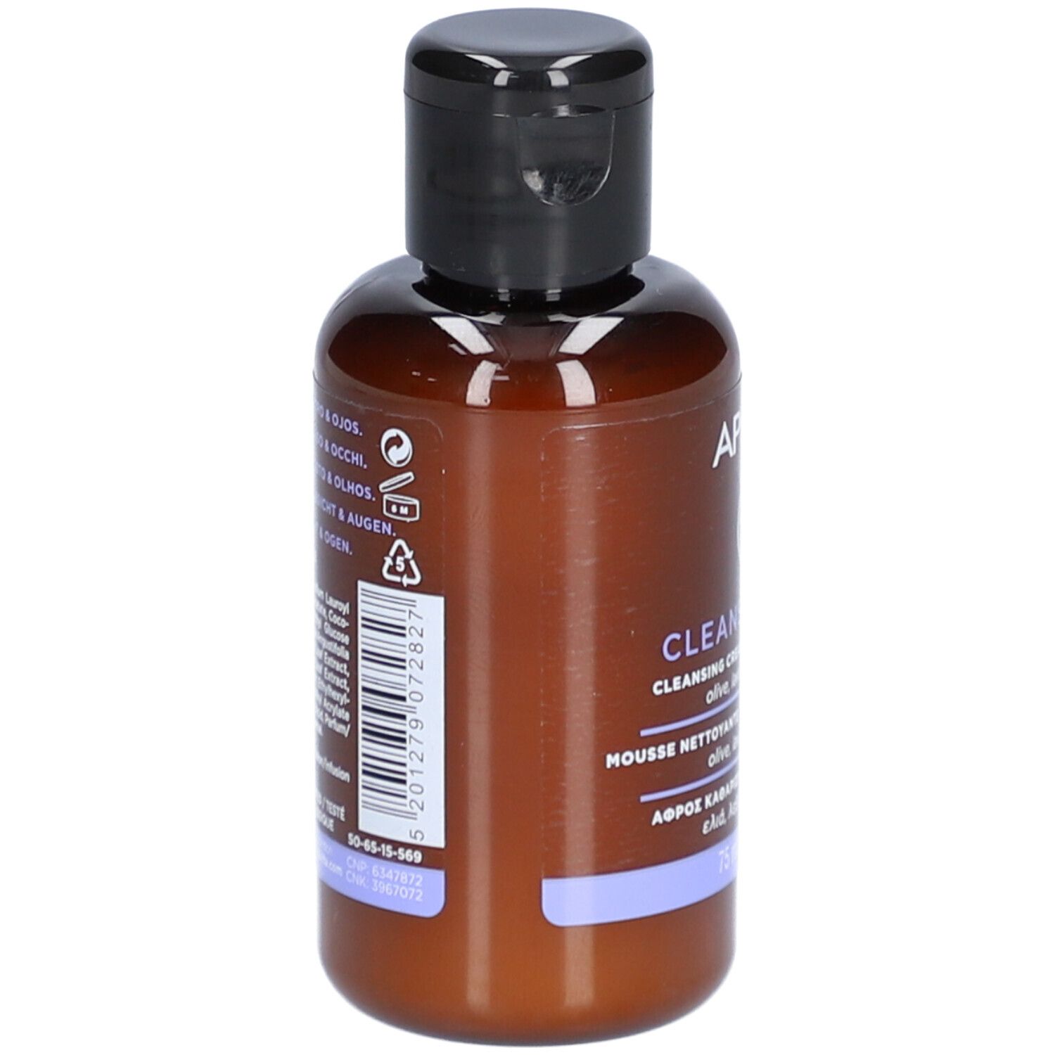 Achterkant van de bruine fles. Opschrift: ingrediënten, barcode, recyclingsymbolen.
