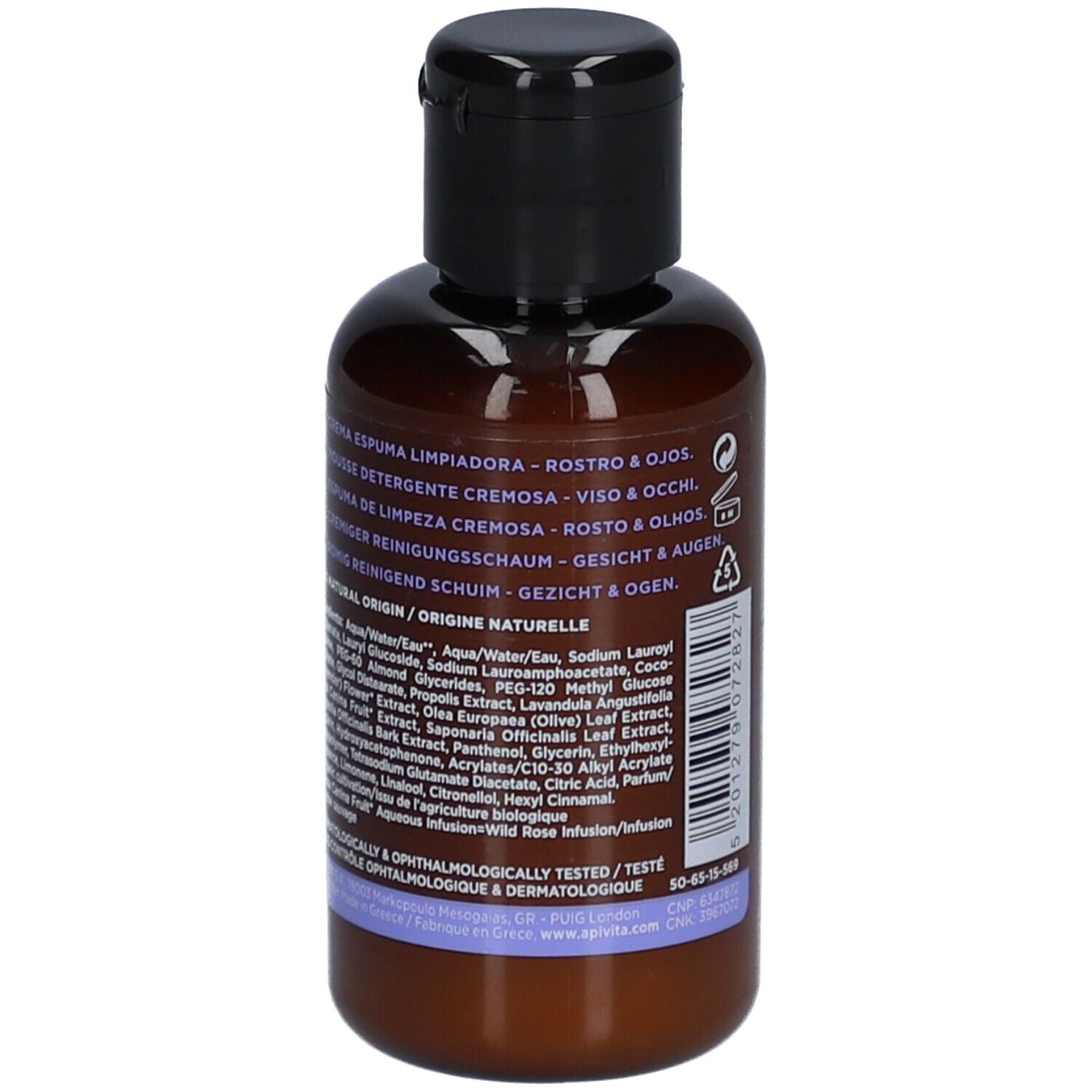 Achterkant van de bruine fles. Opschrift: ingrediënten, 93% natuurlijke oorsprong.