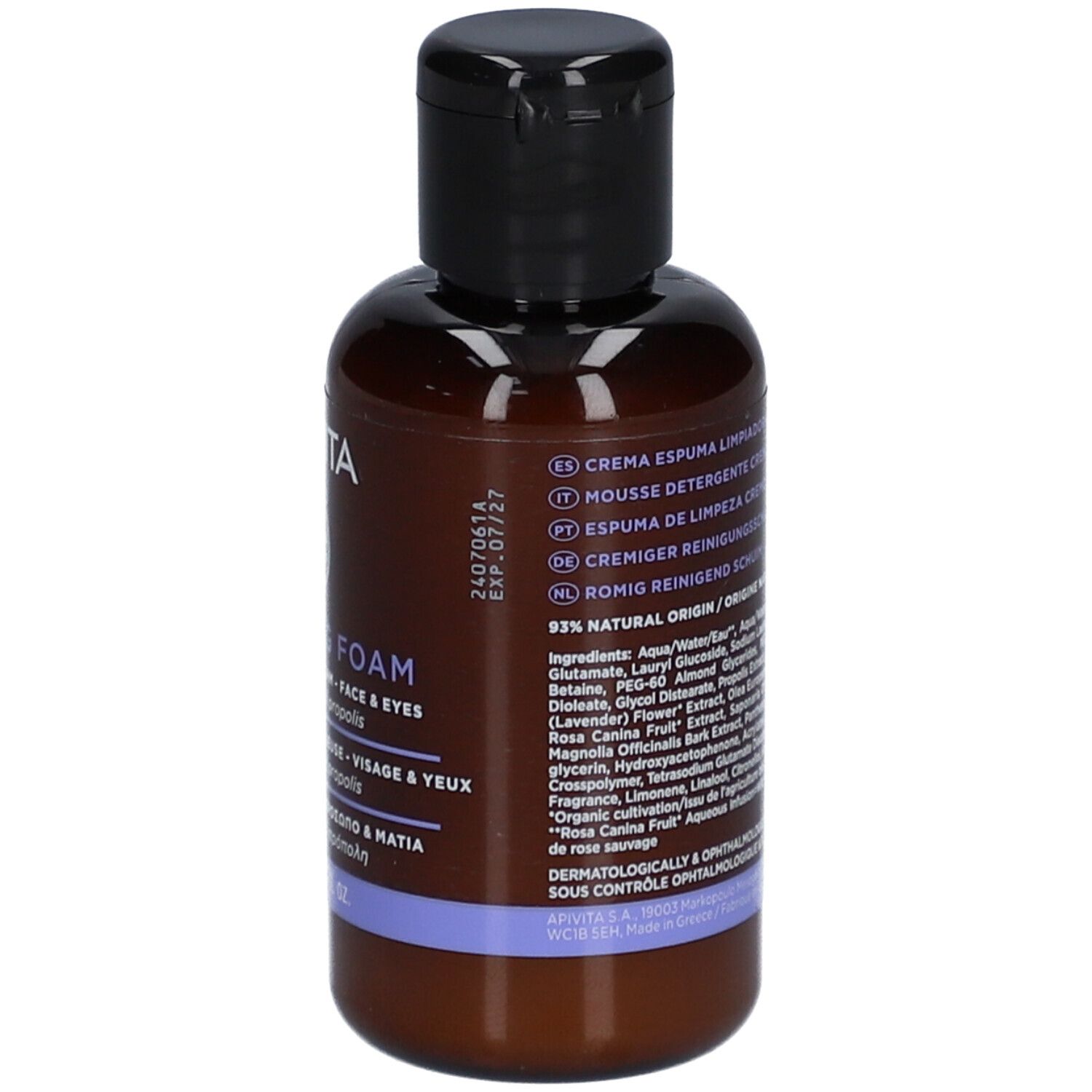 Achterkant van de bruine fles. Opschrift: ingrediënten, 93% natuurlijke oorsprong.
