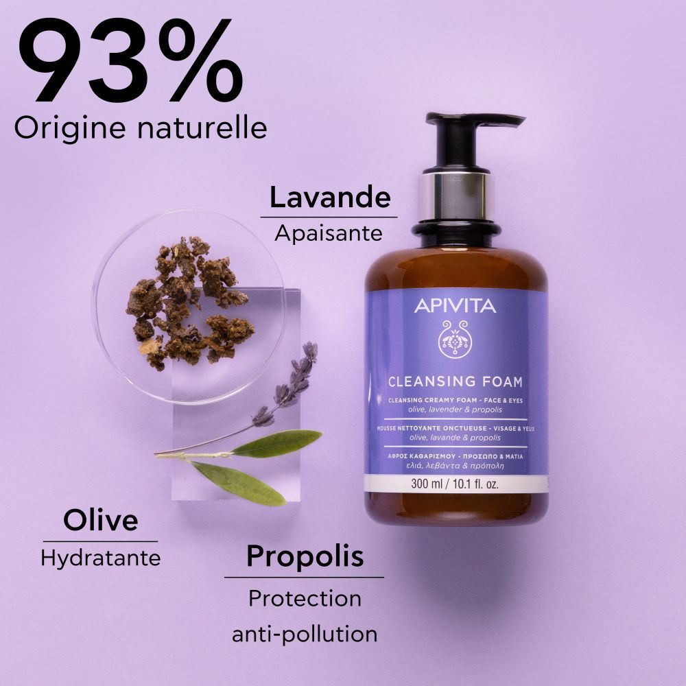 Flacon, lavande, olive, propolis. 93% d'origine naturelle. Lavande apaisante. Olive hydratante.