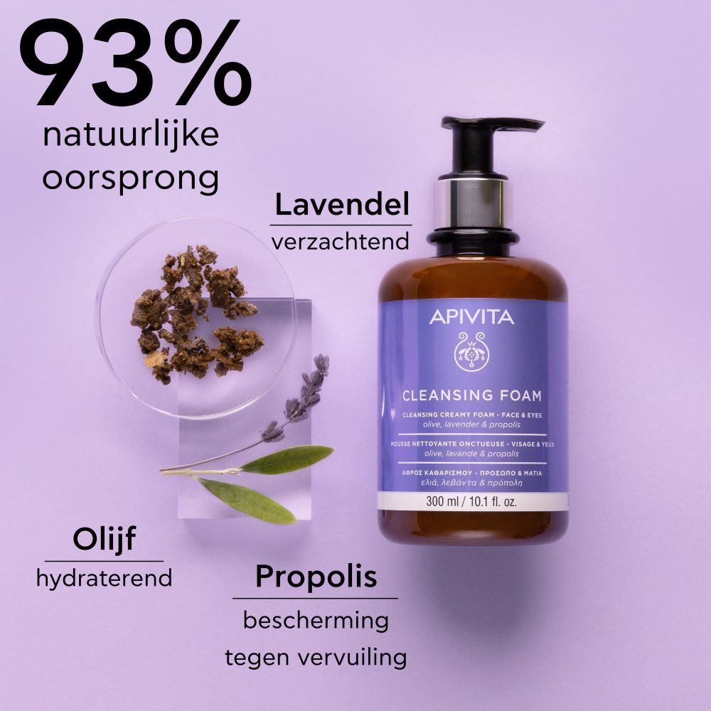 Fles, lavendel, olijf, propolis. 93% natuurlijke oorsprong. Lavendel verzachtend. Olijf hydraterend.