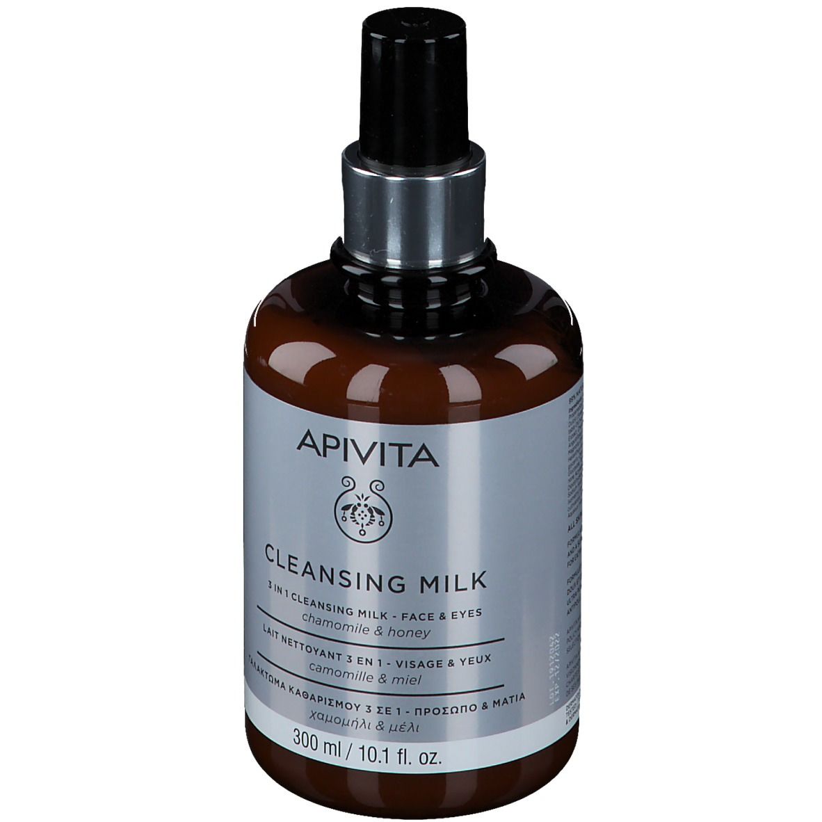 Flacon brun avec pompe noire. Inscription: APIVITA CLEANSING MILK. 300 ml.