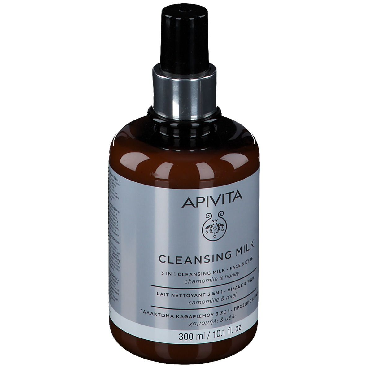 Flacon brun avec pompe noire. Inscription: APIVITA CLEANSING MILK. 300 ml.