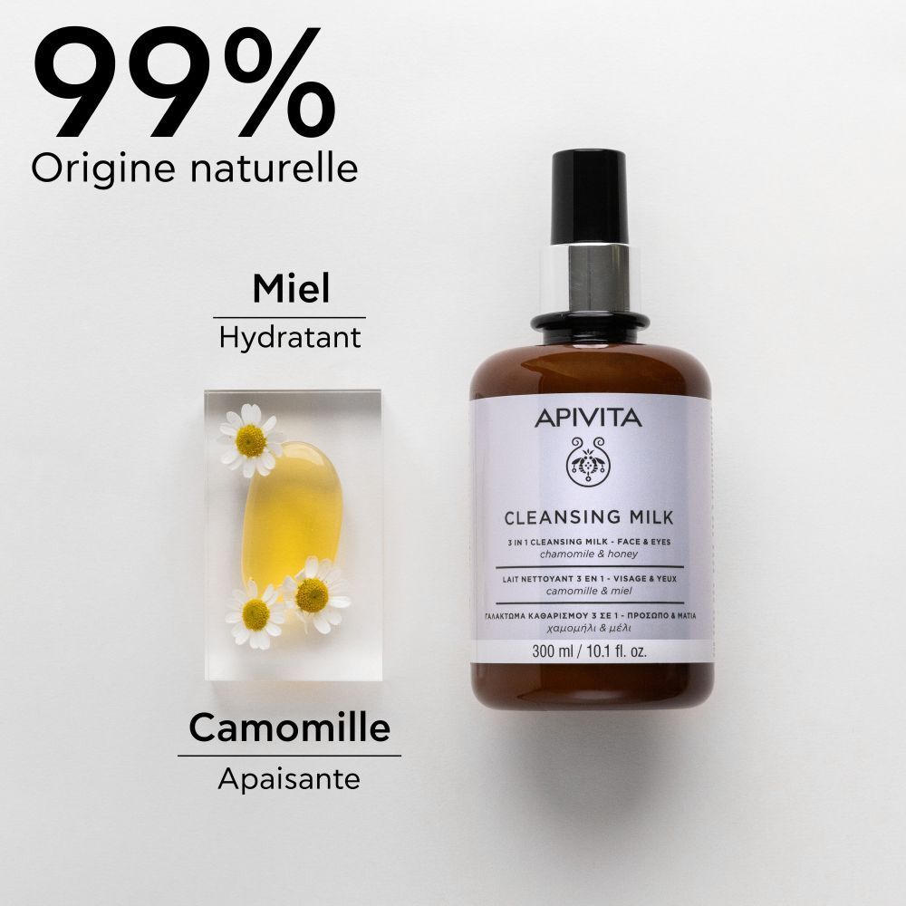 Flacon APIVITA CLEANSING MILK, camomille et miel. Texte: 99% d'origine naturelle.