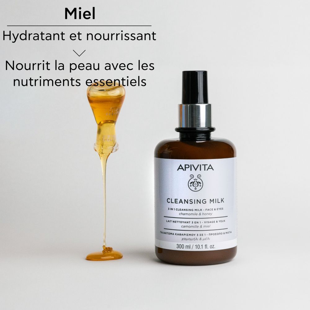 Flacon APIVITA CLEANSING MILK, miel. Texte: Hydratant et nourrissant.