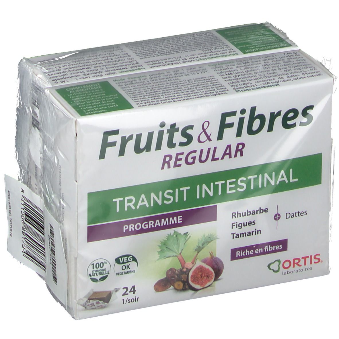 Verpakking van Ortis® Fruits & Fibres Regular Cubes DUO. Tekst: Fruits & Fibres, Transit Intestinal, 24 cubes. Illustratie van fruit.