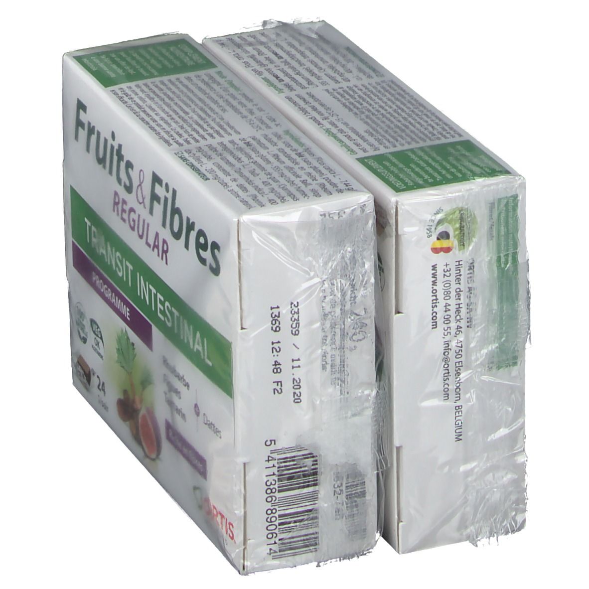 Twee verpakte dozen Ortis® Fruits & Fibres Regular Cubes DUO. Tekst: Fruits & Fibres, Transit Intestinal. Streepjescode en houdbaarheidsdatum.