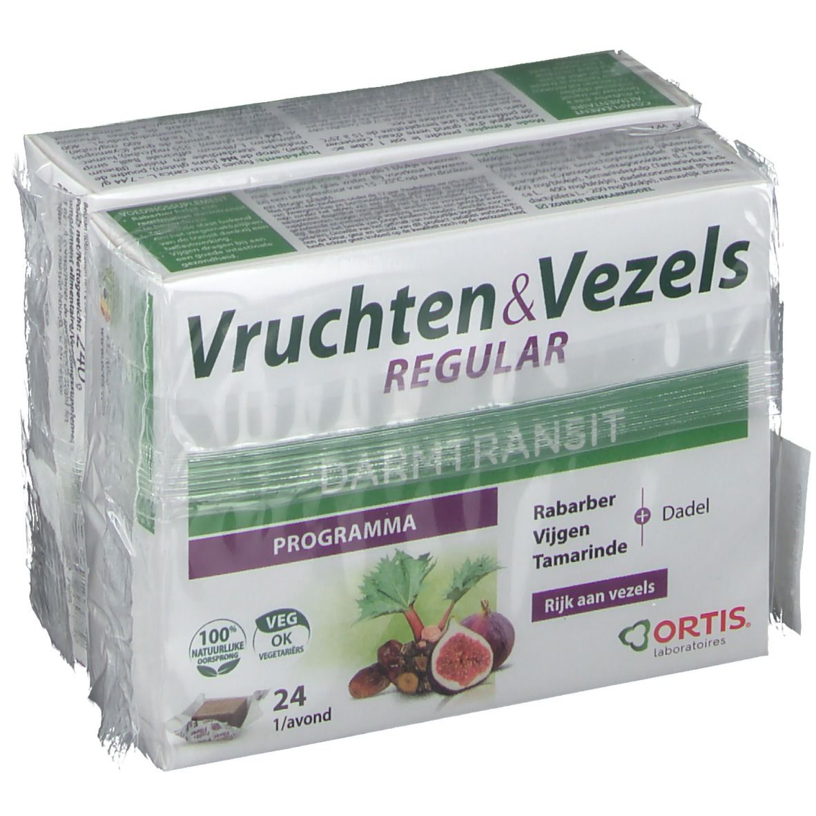 Verpakking van Ortis® Vruchten & Vezels Regular DUO. Tekst: Vruchten & Vezels, Darmtransit, 24 cubes. Illustratie van fruit.