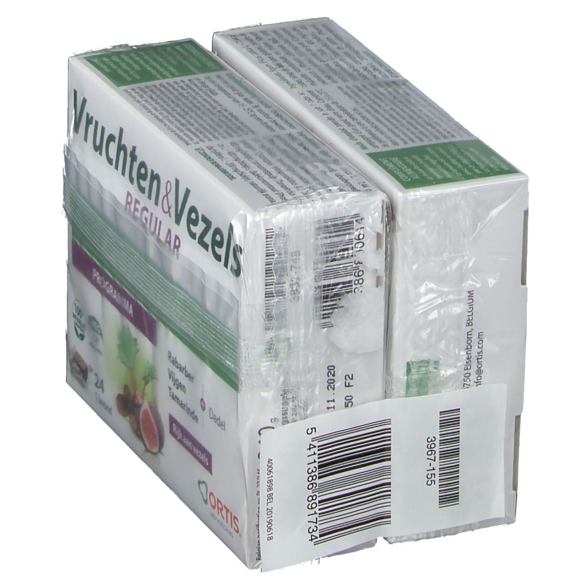 Twee verpakte dozen Ortis® Vruchten & Vezels Regular DUO. Tekst: Vruchten & Vezels, Darmtransit. Streepjescode en houdbaarheidsdatum.