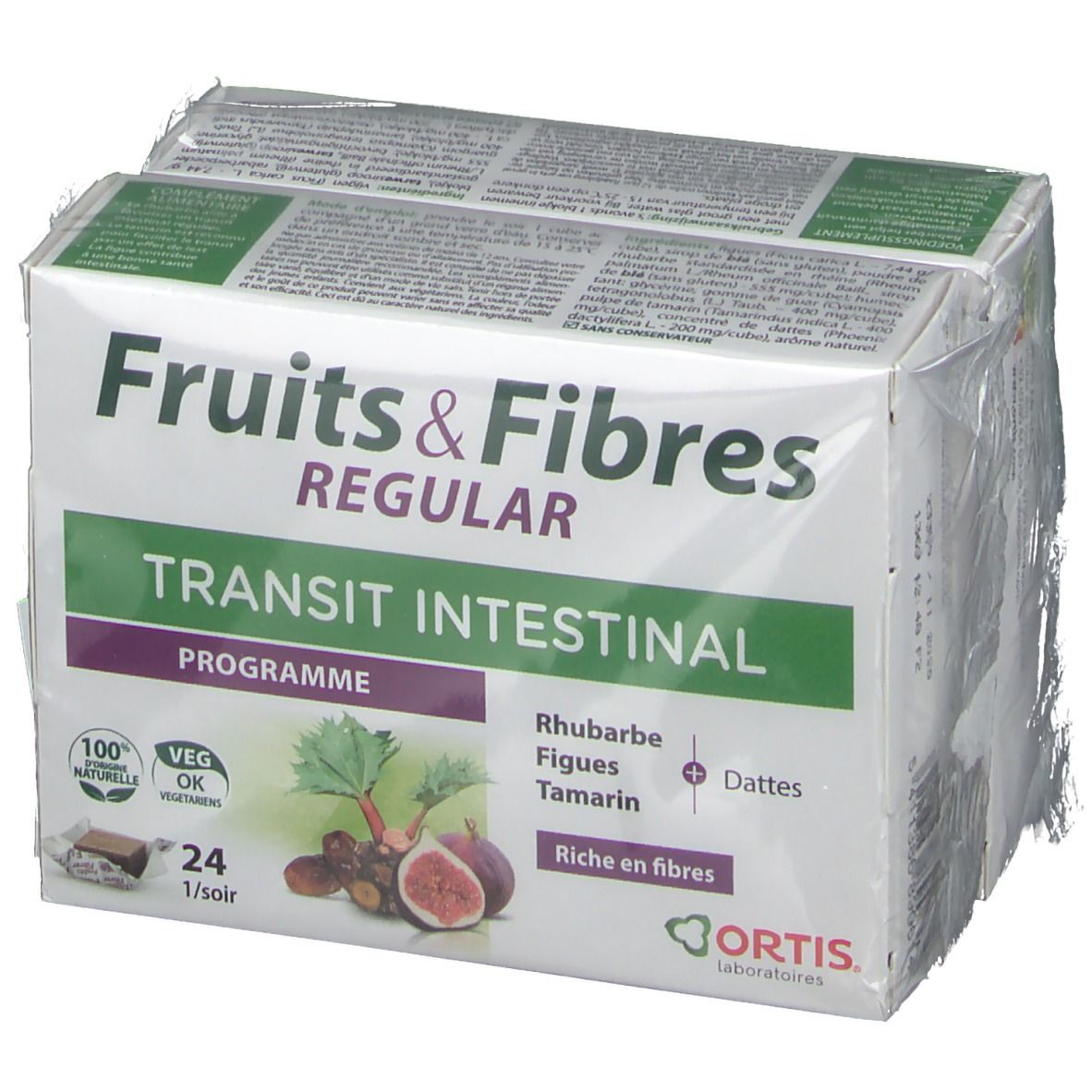 Verpakking van Ortis® Fruits & Fibres Regular Cubes DUO. Tekst: Fruits & Fibres, Transit Intestinal, 24 cubes. Illustratie van fruit.