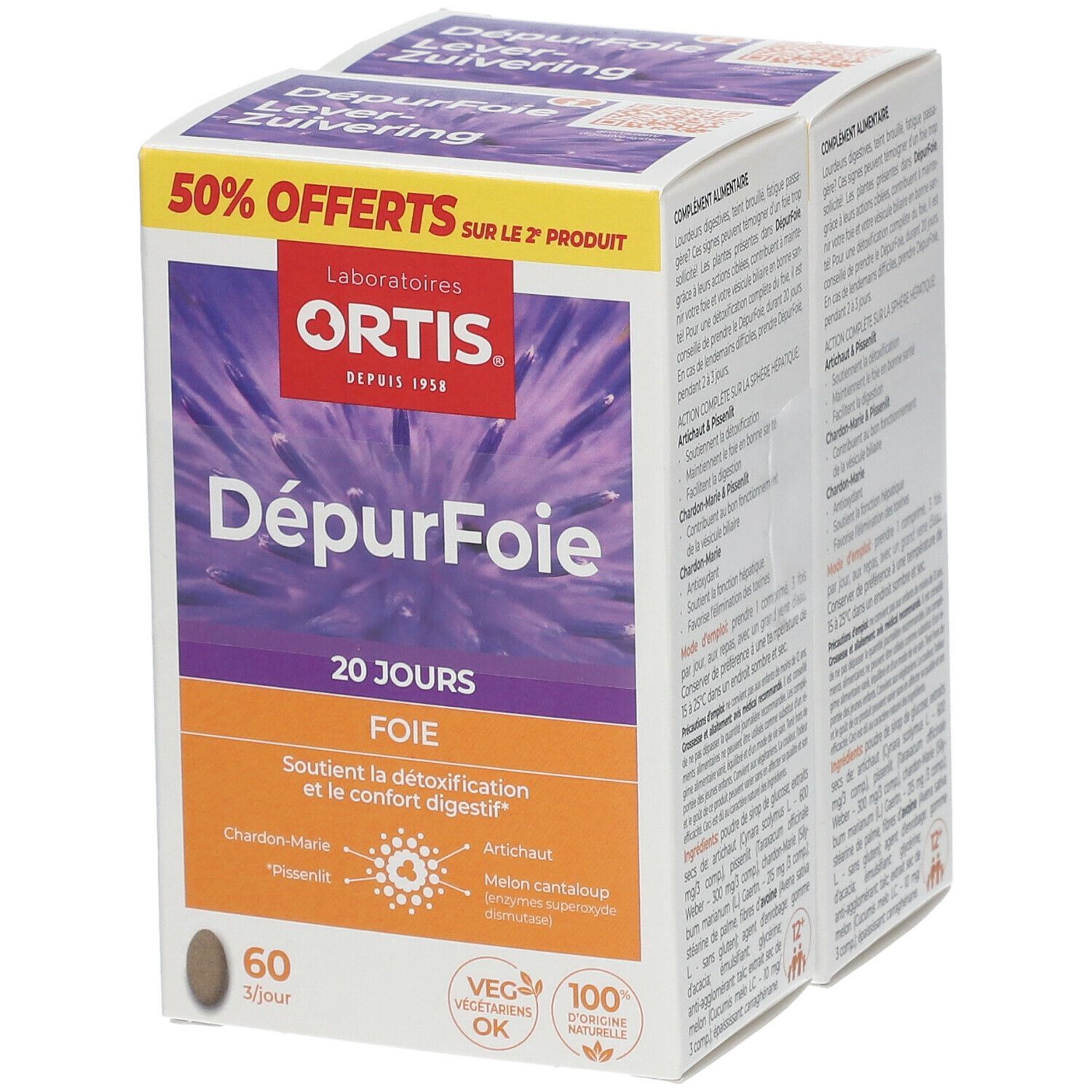 Boîte Ortis DépureFoie. 60 comprimés. Logo et texte. Offre 50% sur le 2ème produit.