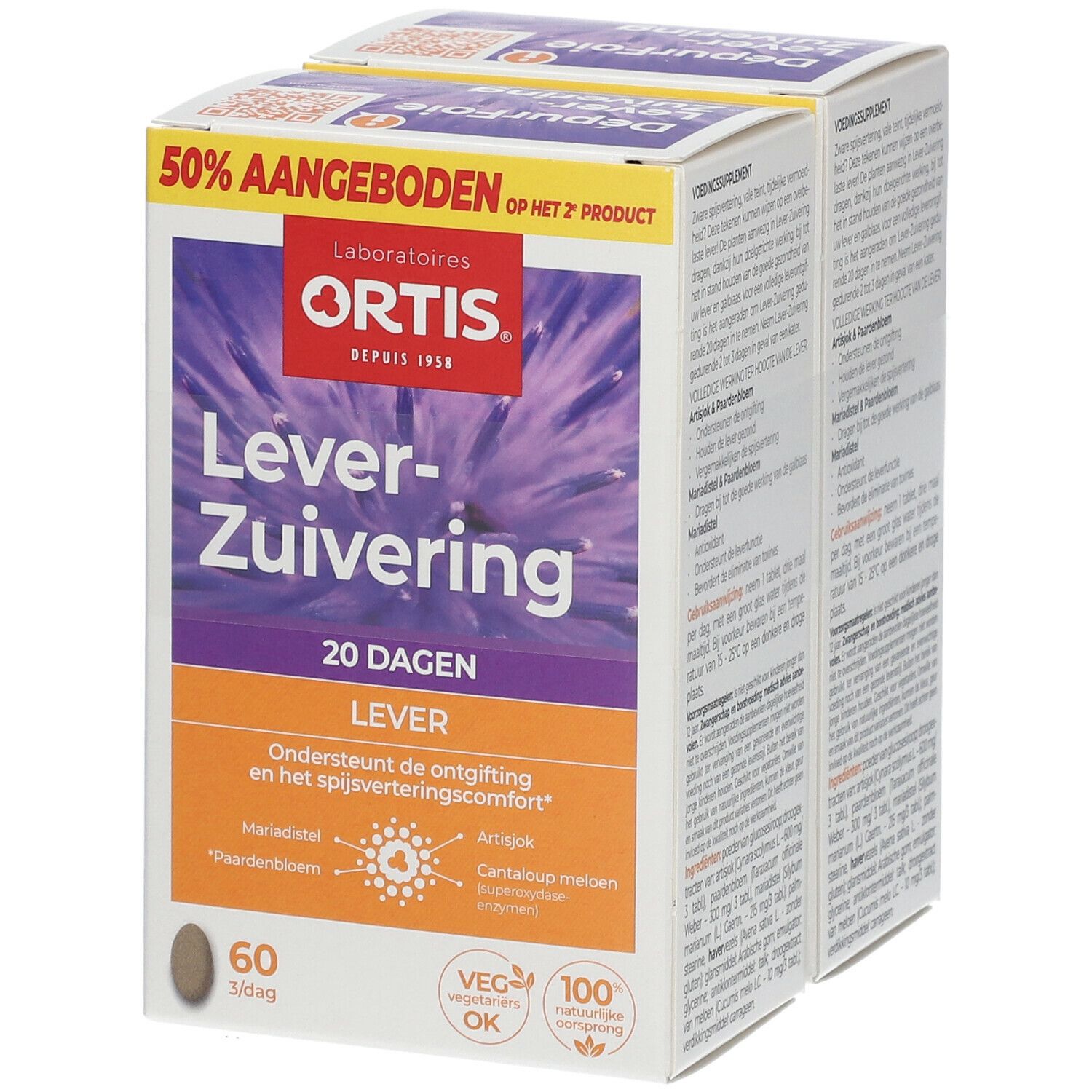 Boîte Ortis Lever-Zuivering. 60 comprimés. Logo et texte. Offre 50% sur le 2ème produit.