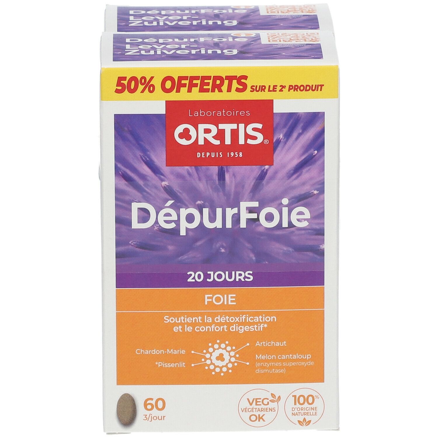Boîte Ortis DépureFoie. 60 comprimés. Logo et texte. Végétarien OK.