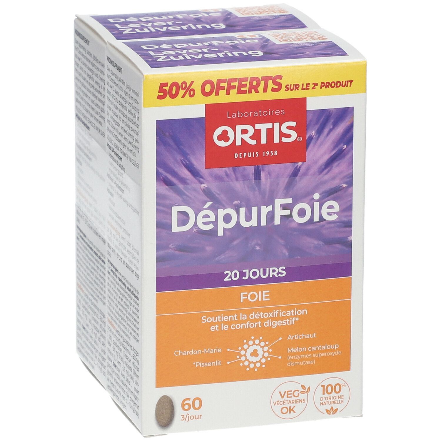 Boîte Ortis DépureFoie. 60 comprimés. Logo et texte. Végétarien OK.