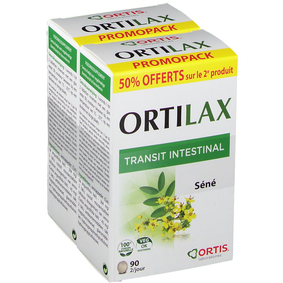 Witte Ortilax Duo-Pack doos met groene en gele accenten. Opschrift: Ortilax, Transit Intestinal, Séné. 90 tabletten.