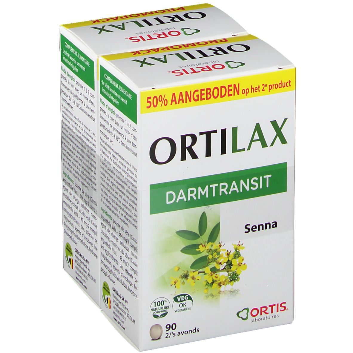 Witte Ortilax Duo-Pack doos met groene en gele accenten. Opschrift: Ortilax, Darmtransit, Senna. 90 tabletten.