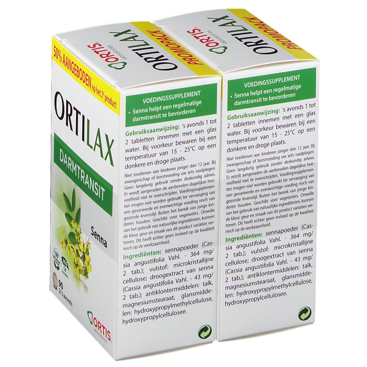 Achterkant van de Ortilax Duo-Pack doos. Meertalige tekst. Ingrediëntenlijst en gebruiksaanwijzing. Ortis logo.