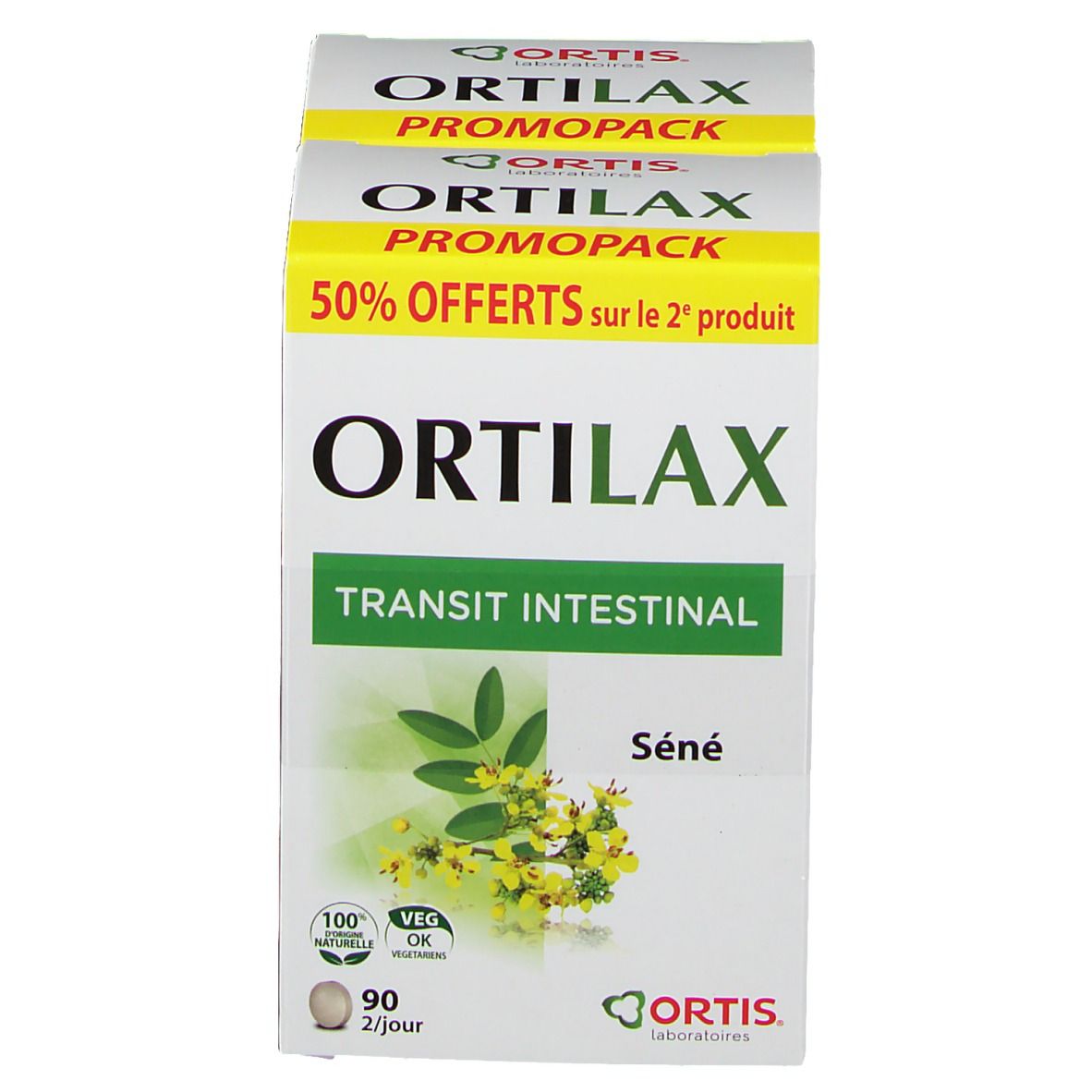 Witte Ortilax Duo-Pack doos met groene en gele accenten. Opschrift: Ortilax, Transit Intestinal, Séné. 90 tabletten.