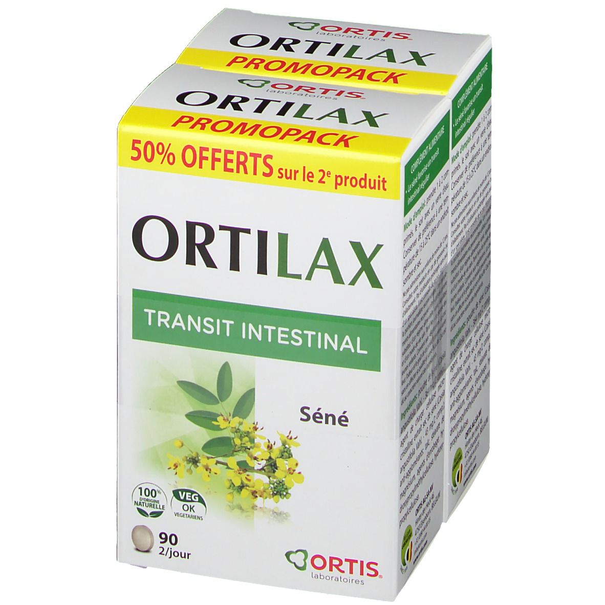 Witte Ortilax Duo-Pack doos met groene en gele accenten. Opschrift: Ortilax, Transit Intestinal, Séné. 90 tabletten.