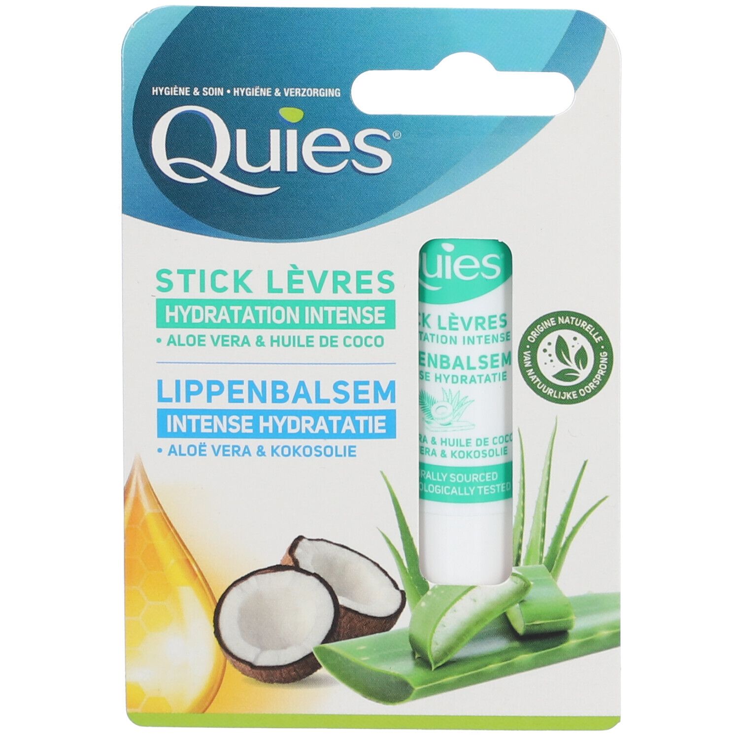 Stick lèvres Quies, hydratation intense. Emballage avec logo et ingrédients. Aloe vera et huile de coco. Produit cosmétique.