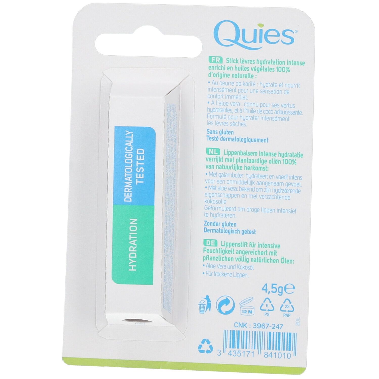 Dos du stick lèvres Quies. Ingrédients: aloe vera et huile de coco. Texte: testé dermatologiquement. 4,5g.