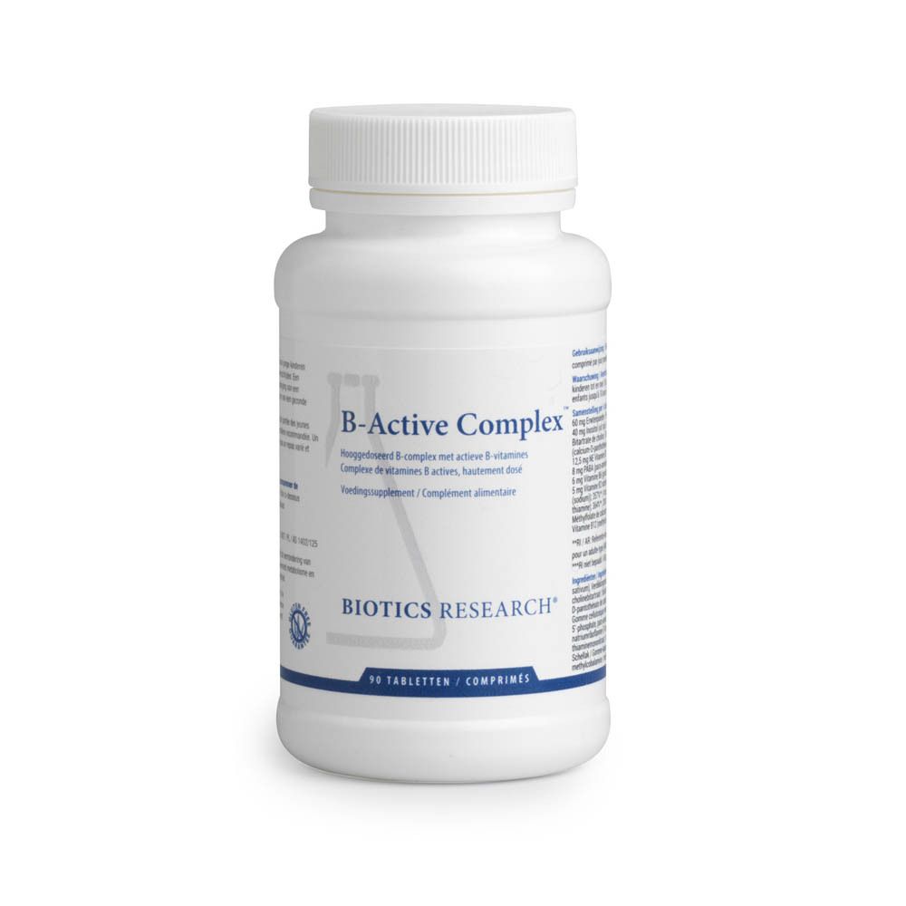 Witte fles B-Active Complex. Opschrift BIOTICS RESEARCH. 90 tabletten.