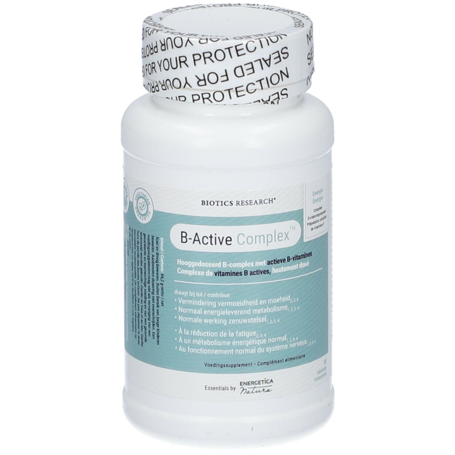 Witte fles B-Active Complex. Opschrift BIOTICS RESEARCH. Schroefdop met beschermzegel.