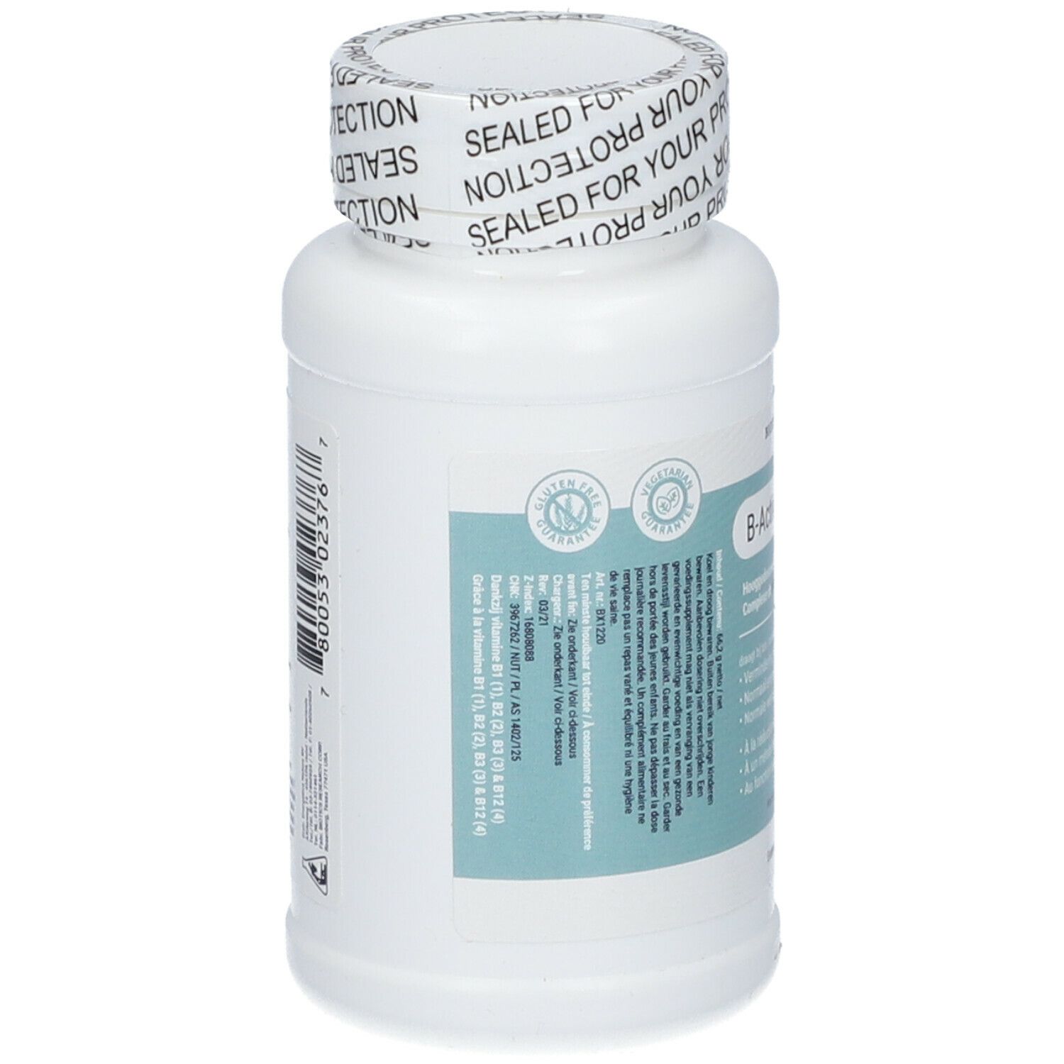 Achterkant witte fles B-Active Complex. Opschrift BIOTICS RESEARCH. Met certificeringen.