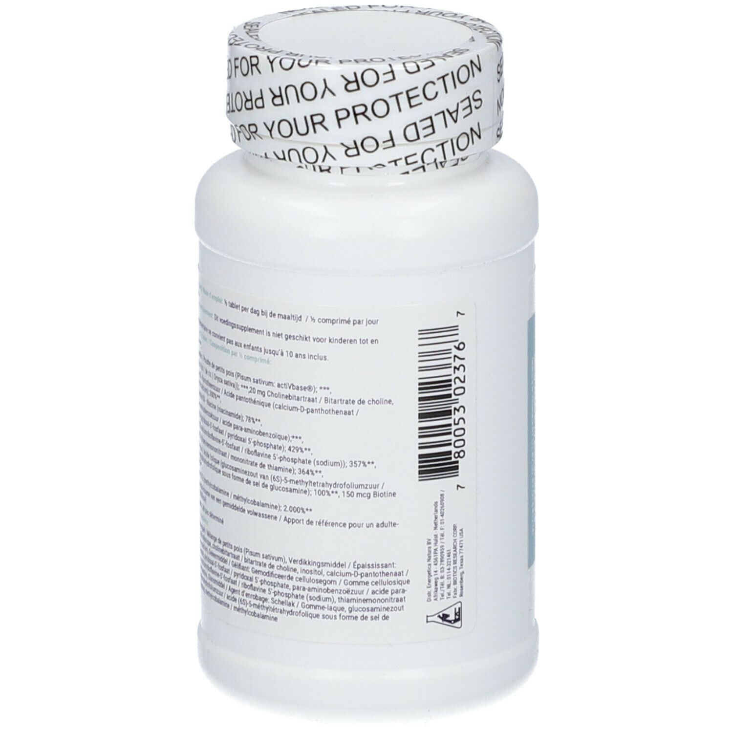 Achterkant witte fles B-Active Complex. Met ingrediënteninformatie en barcode.