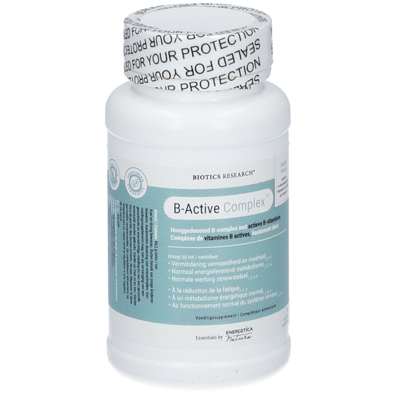 Witte fles B-Active Complex. Opschrift BIOTICS RESEARCH. Schroefdop met zegel.