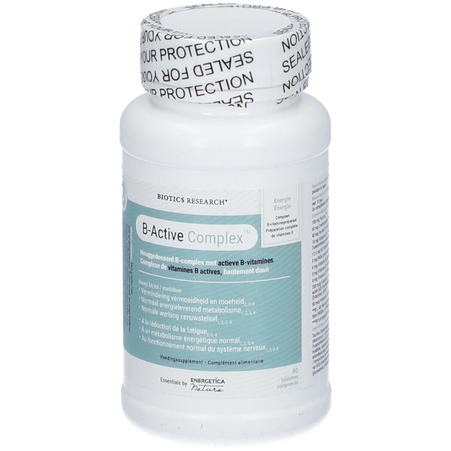 Witte fles B-Active Complex. Opschrift BIOTICS RESEARCH. Schroefdop.