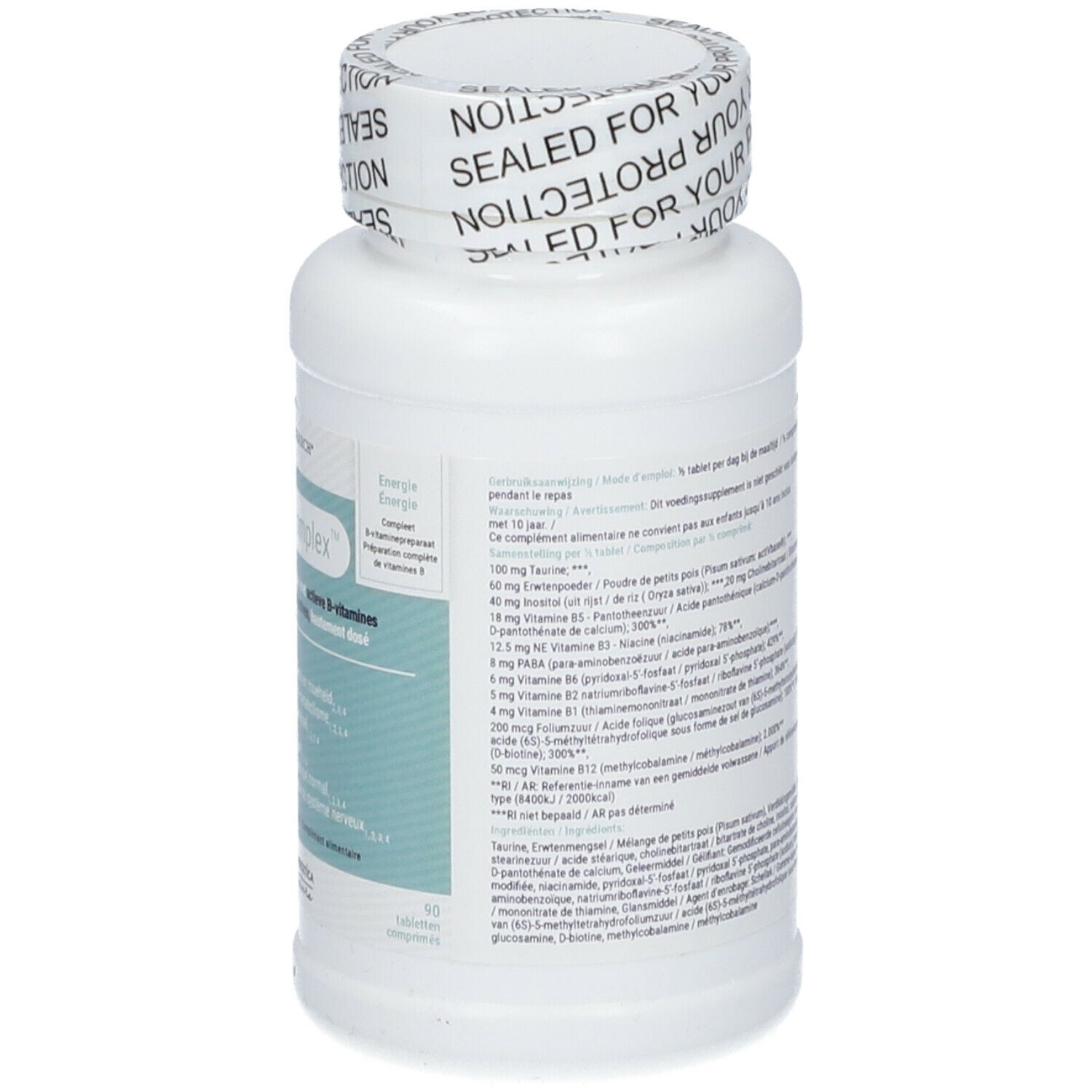 Achterkant witte fles B-Active Complex. Ingrediënten en barcode zichtbaar.
