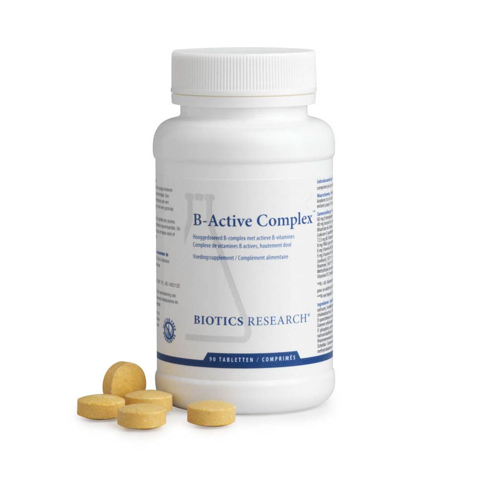 Witte fles B-Active Complex. Opschrift BIOTICS RESEARCH. Tabletten ernaast.