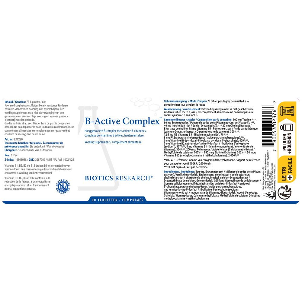 Verpakking B-Active Complex. Opschrift BIOTICS RESEARCH. 90 tabletten.