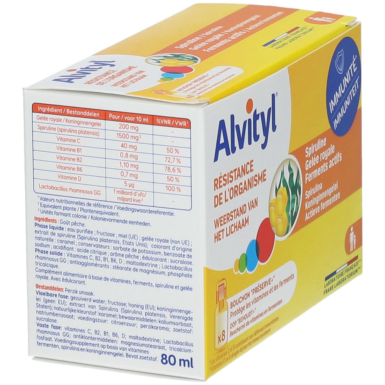 Boîte blanche Alvityl avec informations produit. Ingrédients et valeurs nutritionnelles. Inscription : Résistance de l'organisme.