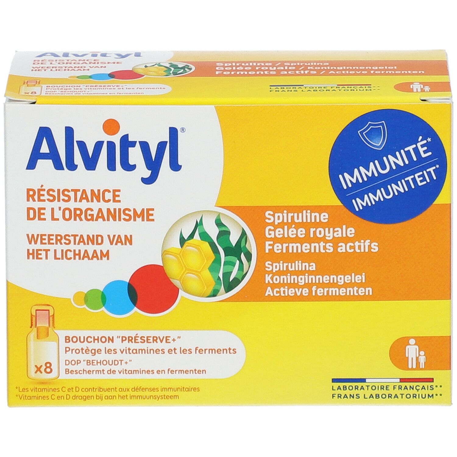 Boîte jaune Alvityl. Inscription Résistance de l'organisme. Contient 8 flacons. Ingrédients : Spiruline, Gelée royale, Ferments actifs.