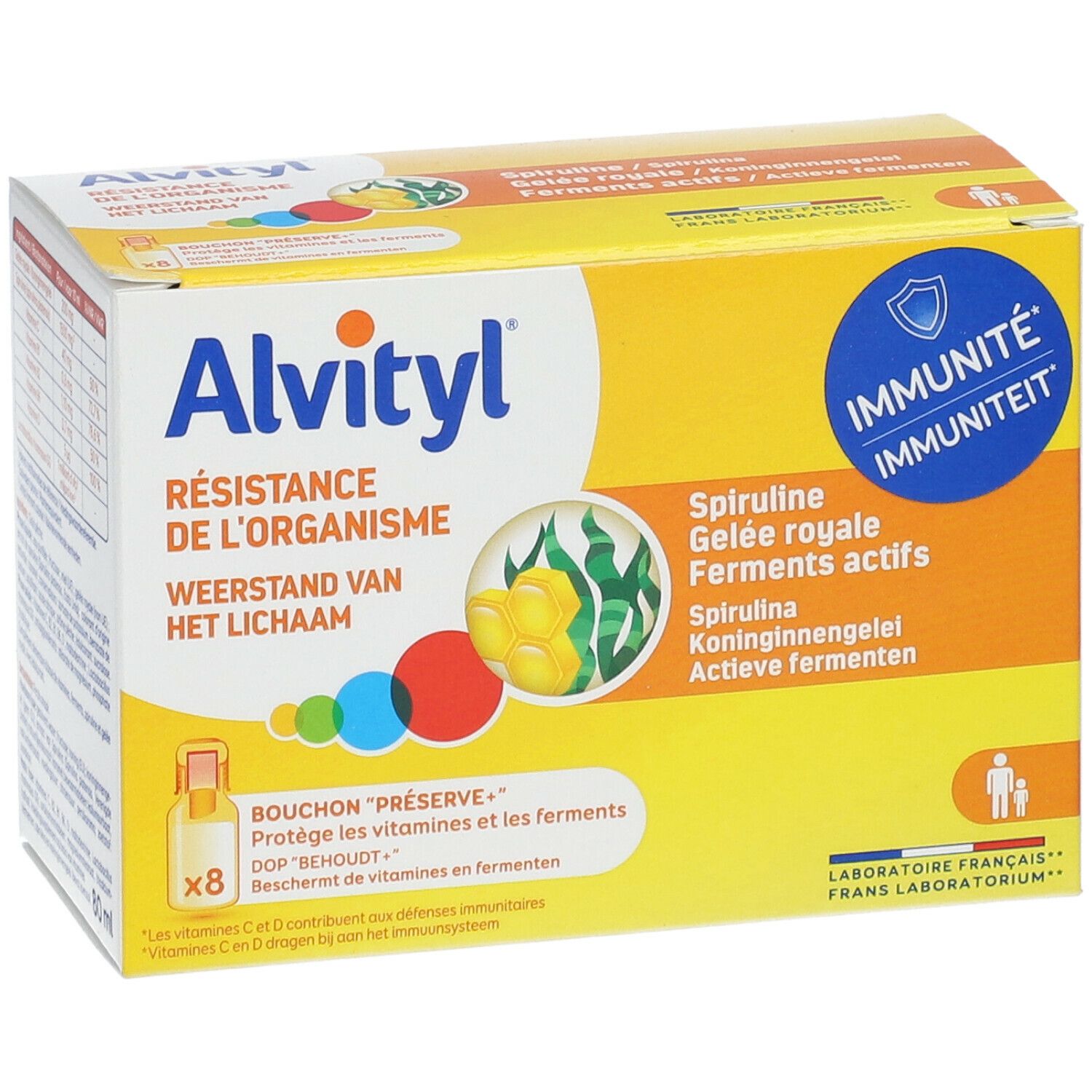 Boîte jaune Alvityl. Inscription Résistance de l'organisme. Contient 8 flacons. Ingrédients : Spiruline, Gelée royale, Ferments actifs.