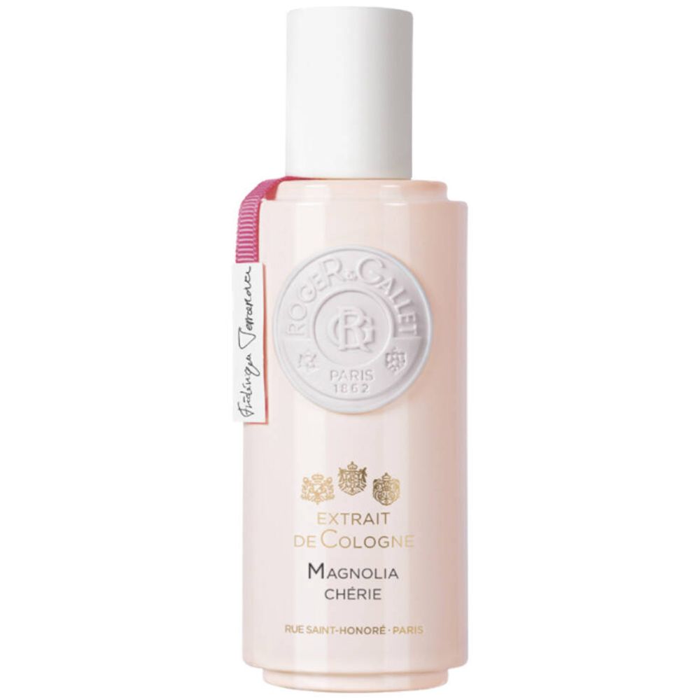 Roze fles met witte dop. Opschrift: Extrait de Cologne Magnolia Chérie. Logo Roger & Gallet.