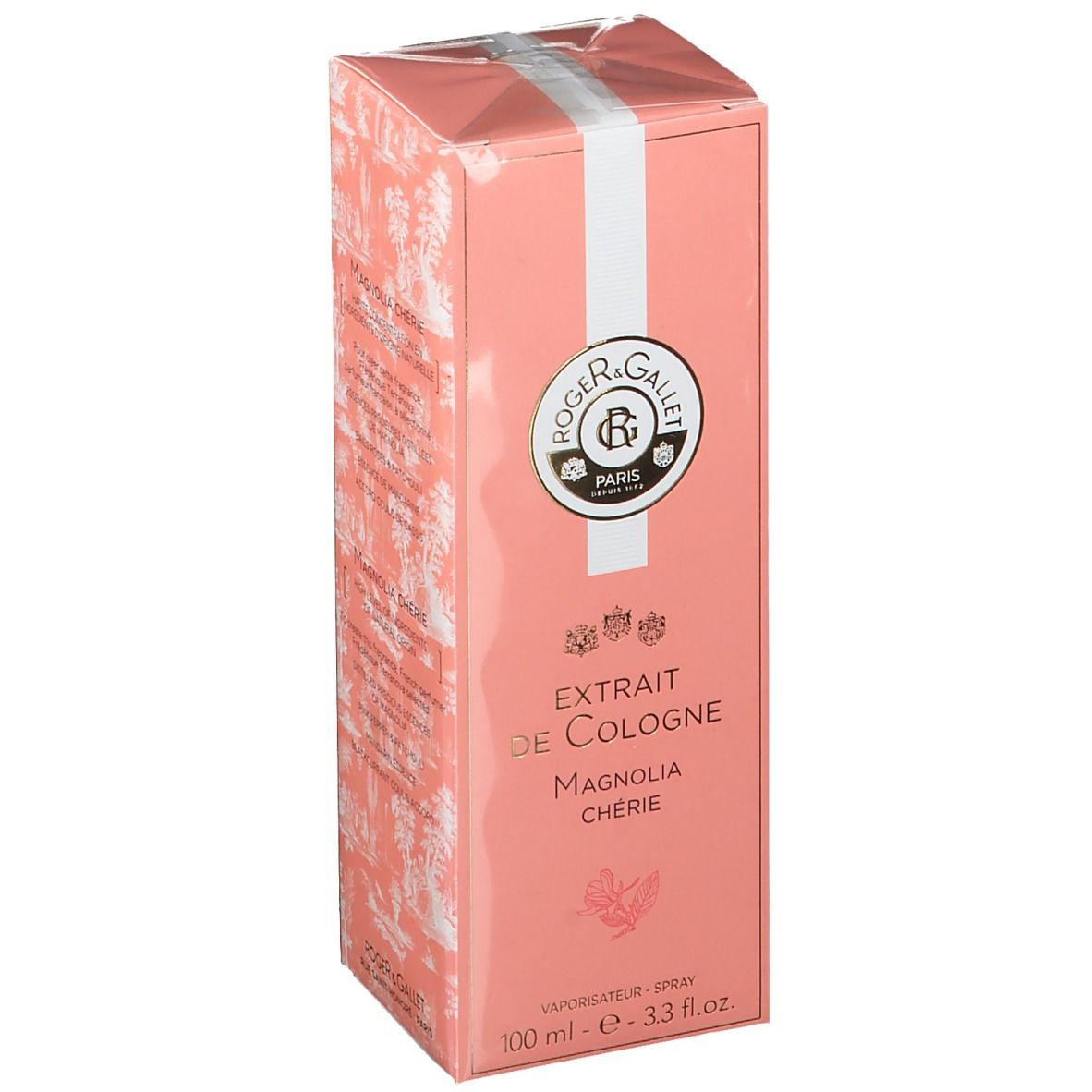 Roze doos met witte streep. Opschrift: Extrait de Cologne Magnolia Chérie. Logo Roger & Gallet. 100 ml.