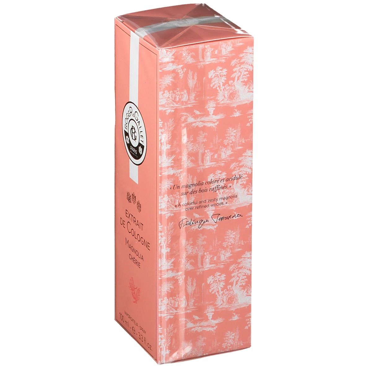 Roze doos met witte streep. Opschrift: Extrait de Cologne Magnolia Chérie. Logo Roger & Gallet. Tekst op de zijkant.