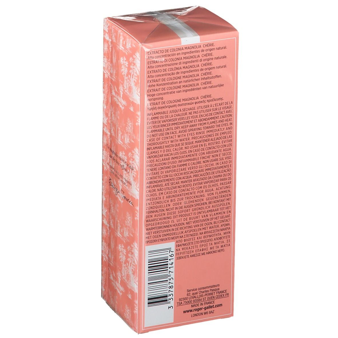 Roze doos met witte streep. Opschrift: Extrait de Cologne Magnolia Chérie. Logo Roger & Gallet. Tekst op de zijkant.