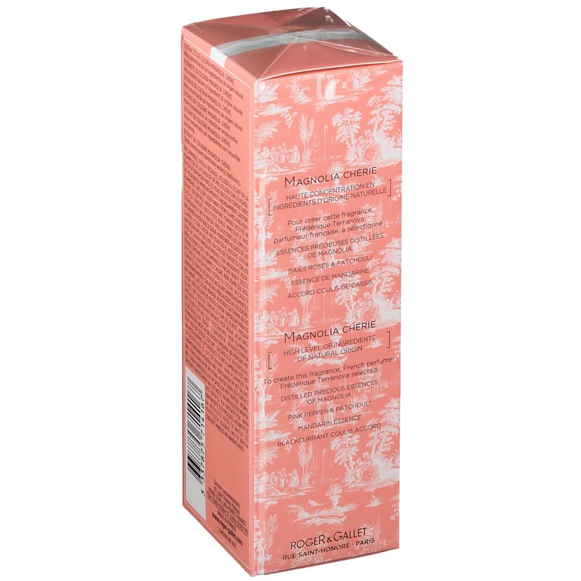 Roze doos met witte streep. Opschrift: Extrait de Cologne Magnolia Chérie. Logo Roger & Gallet. Tekst op de zijkant.
