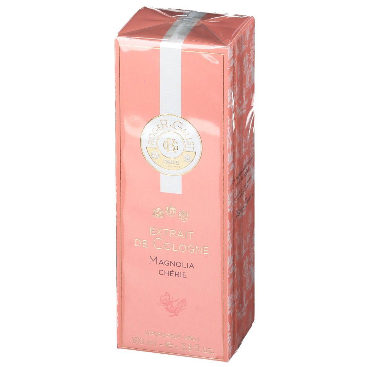 Roze doos met witte streep. Opschrift: Extrait de Cologne Magnolia Chérie. Logo Roger & Gallet. 100 ml.