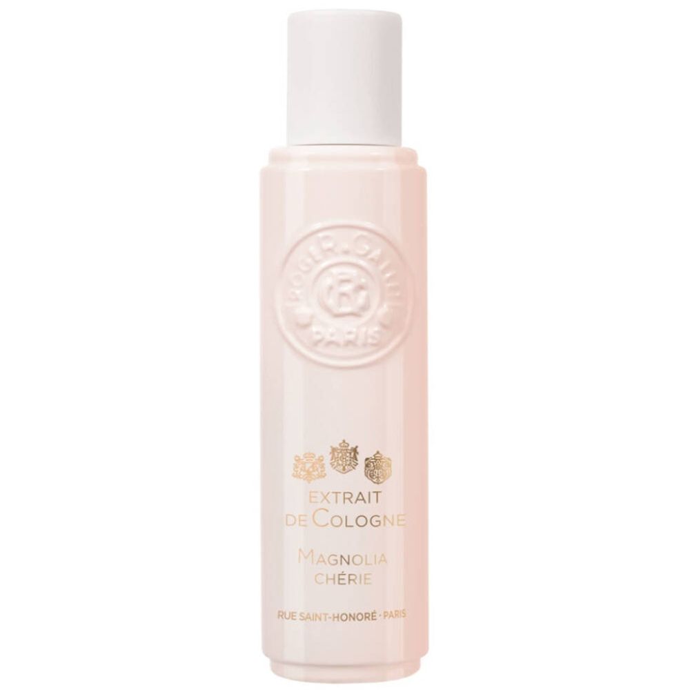 Roze fles met witte dop. Opschrift: Roger & Gallet, Extrait de Cologne Magnolia Chérie. Logo en tekst.