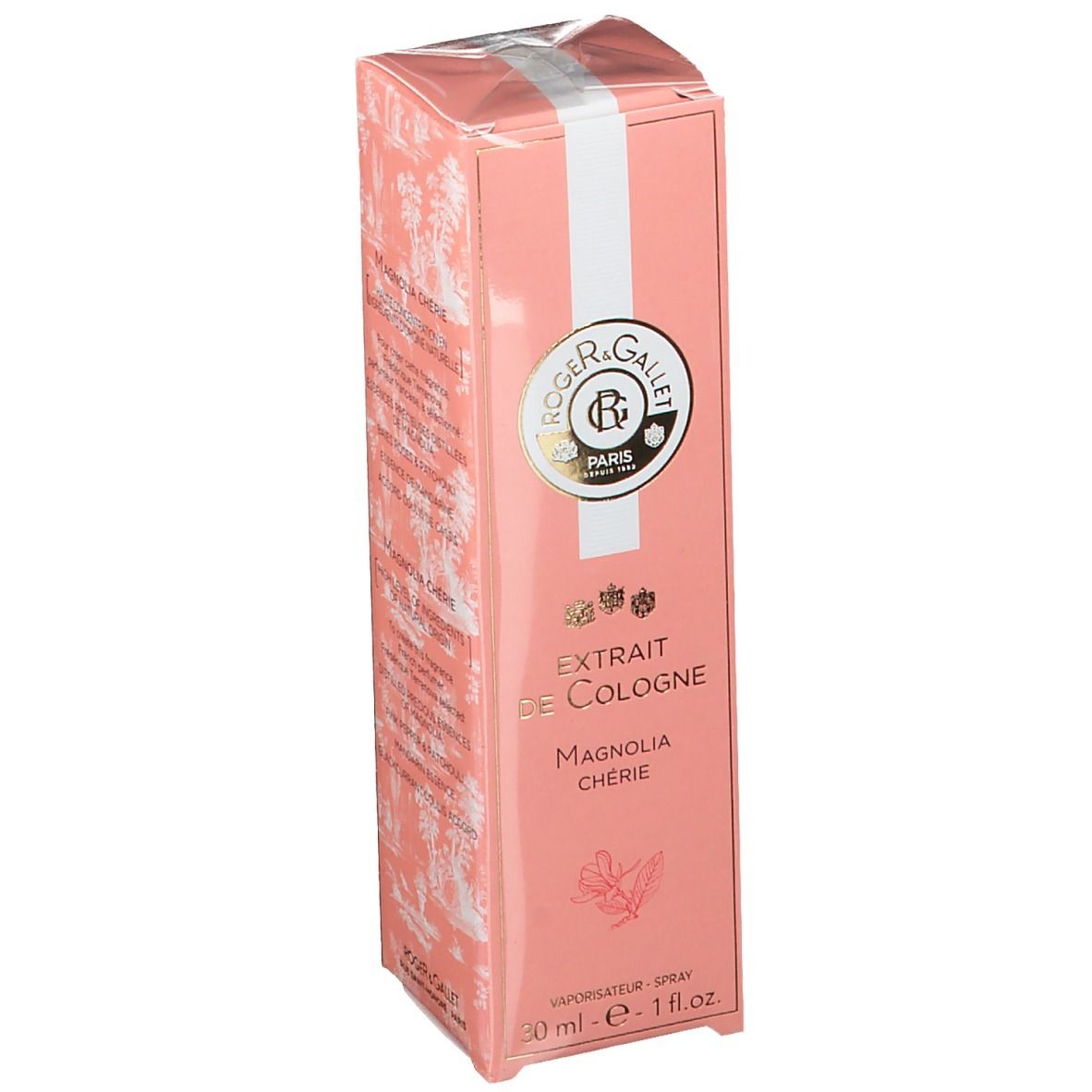 Roze doos met witte streep. Opschrift: Roger & Gallet, Extrait de Cologne Magnolia Chérie. Logo en productnaam.
