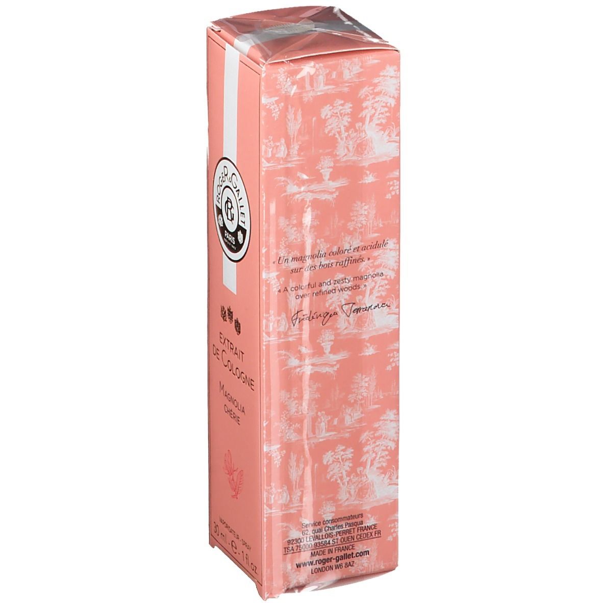 Roze doos met witte streep. Opschrift: Roger & Gallet, Extrait de Cologne Magnolia Chérie. Tekst en logo.