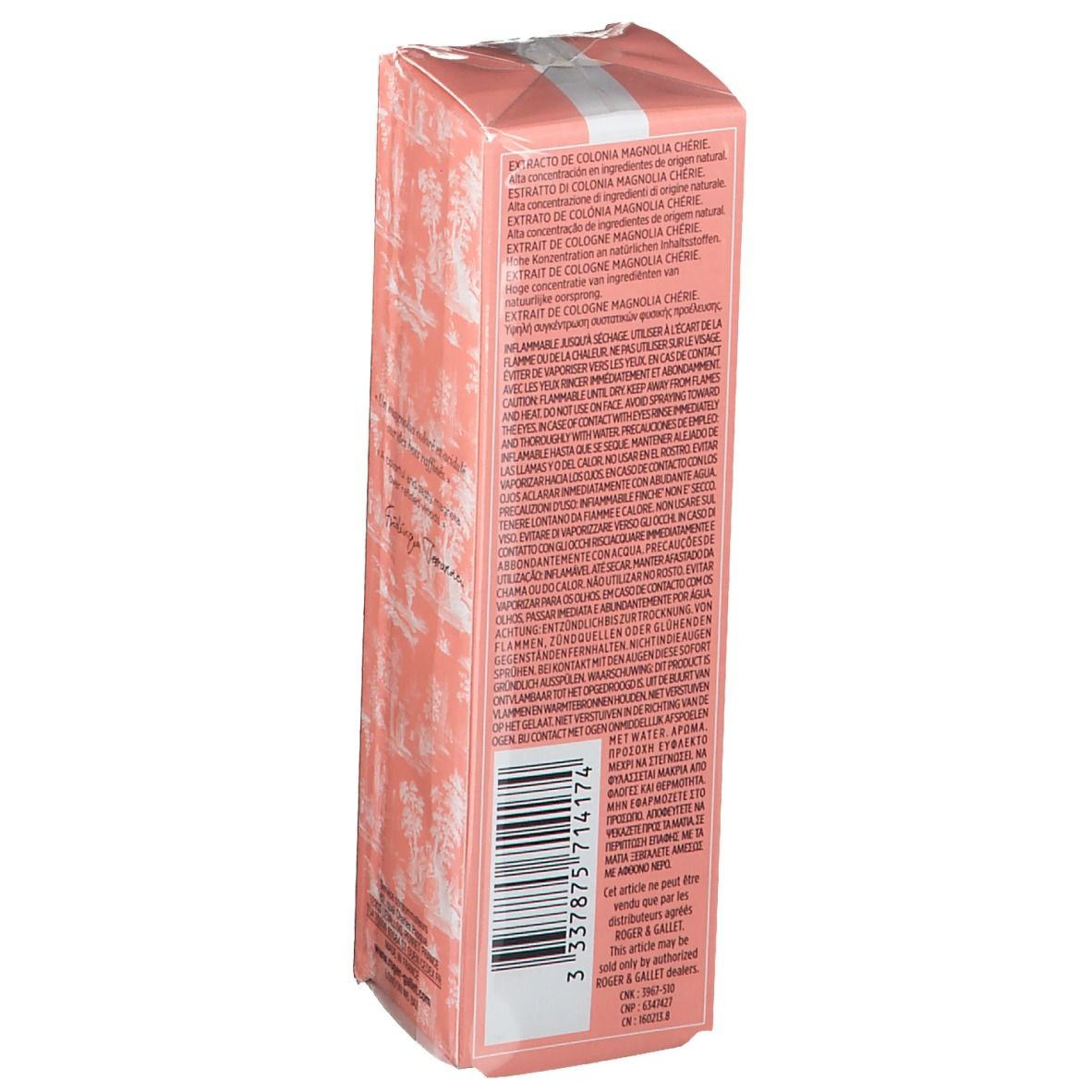 Roze doos met witte streep. Opschrift: Roger & Gallet, Extrait de Cologne Magnolia Chérie. Barcode en tekst.